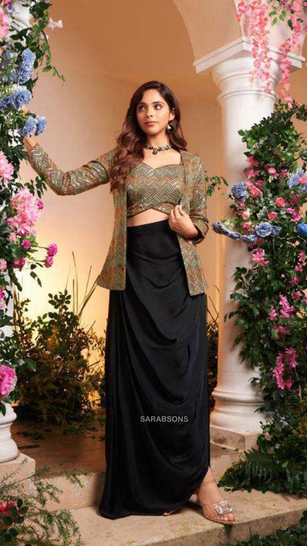 Black Indo-Western Strappy Crop Top Draped Dhoti Skirt with Jacket Set