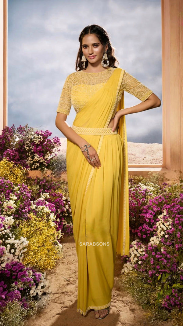 Canary Yellow Indowestern Drape Saree in Georgette with belt