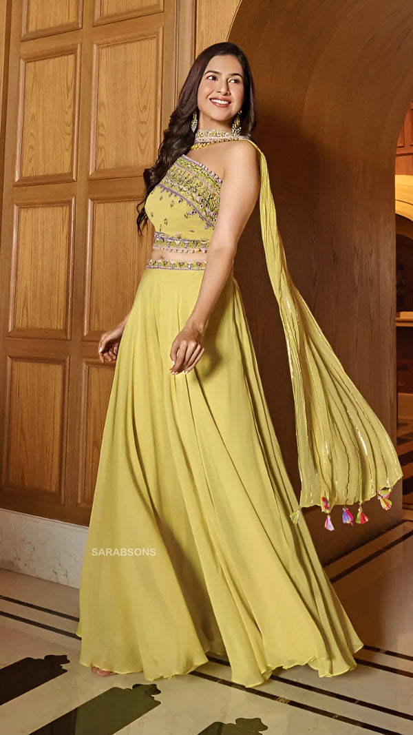 Lime Yellow Indo-Western Strappy One Shoulder Crop Top Palazzo with Choker Dupatta Set