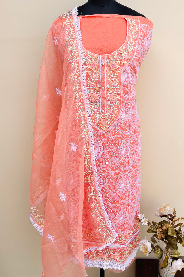 Designer Embroidered Suit Length 3 Piece Peach Kota With Parsi Work