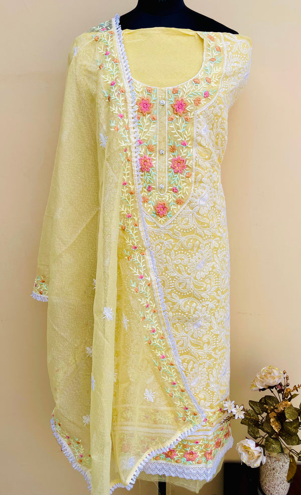 Designer Embroidered Suit Length 3 Piece Yellow Kota With Parsi Work