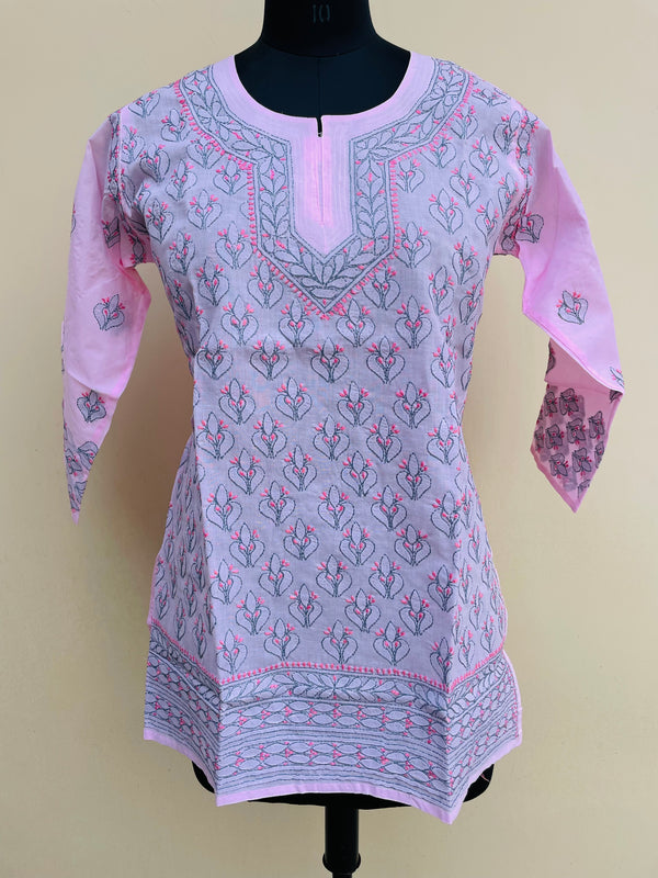 Lucknowi Chikankari Short Kurti Pink Cotton