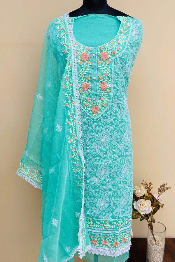 Designer Embroidered Suit Length 3 Piece Sea Green Kota With Parsi Work