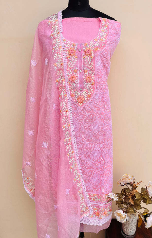 Designer Embroidered Suit Length 3 Piece Pink Kota With Parsi Work