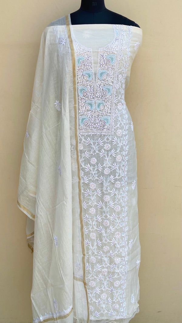 Lucknowi Chikankari Suit Length 2 Piece Off White Pure Mal Chanderi With Cutdana & Sequence Work
