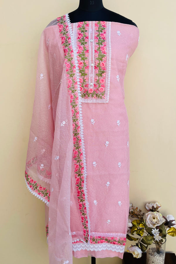 Designer Embroidered Suit Length 3 Piece Pink Kota with Parsi Work