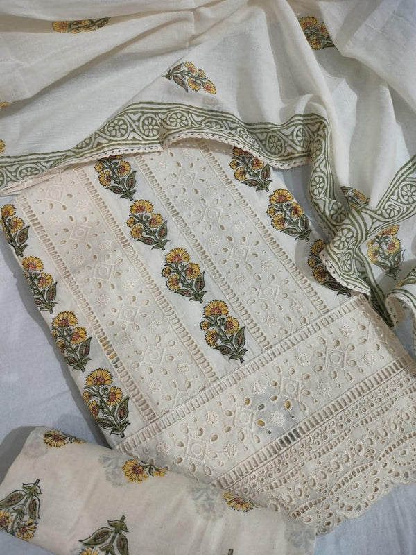 Designer Embroidered Cutwork Suit Length 3 Piece Off White Soft Cotton