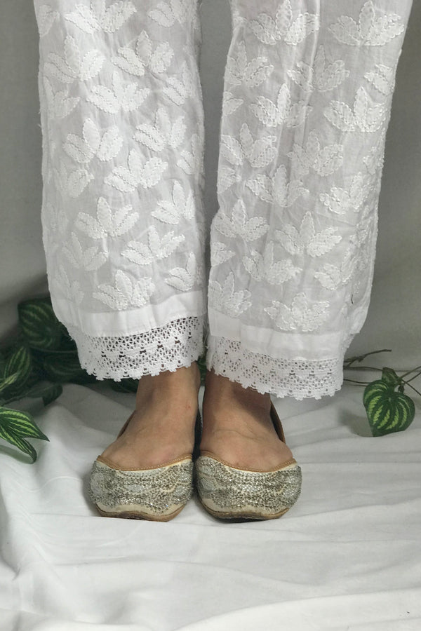 Lucknowi Chikankari Hand Embroidered Pant White Soft Cotton