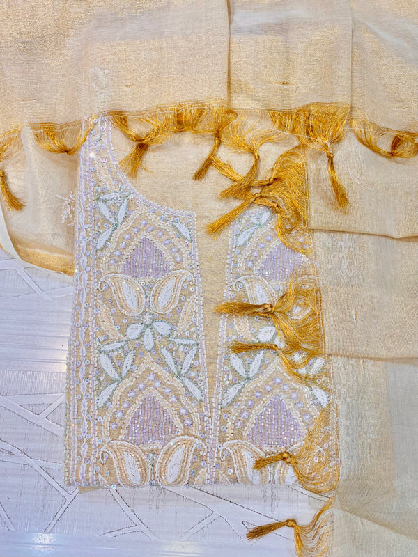 Lucknowi Chikankari Suit Length 2 Piece Beige Pure Tissue With Cutdana & Sequence Work