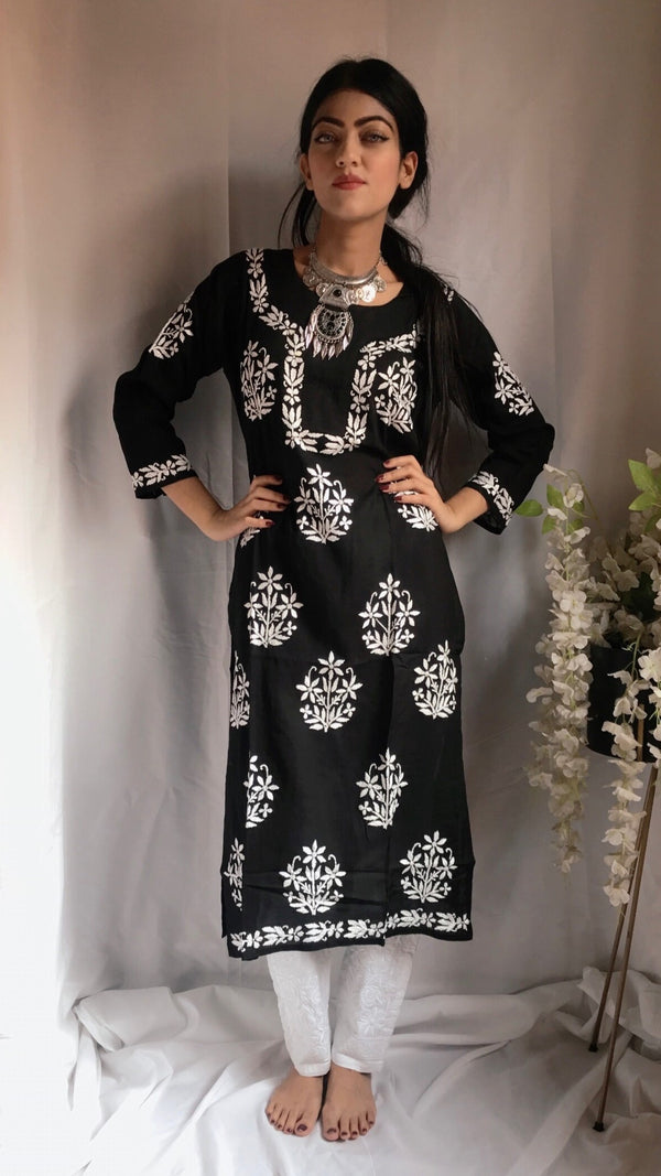 Lucknow Chikankari Kurti Black Soft Modal Cotton