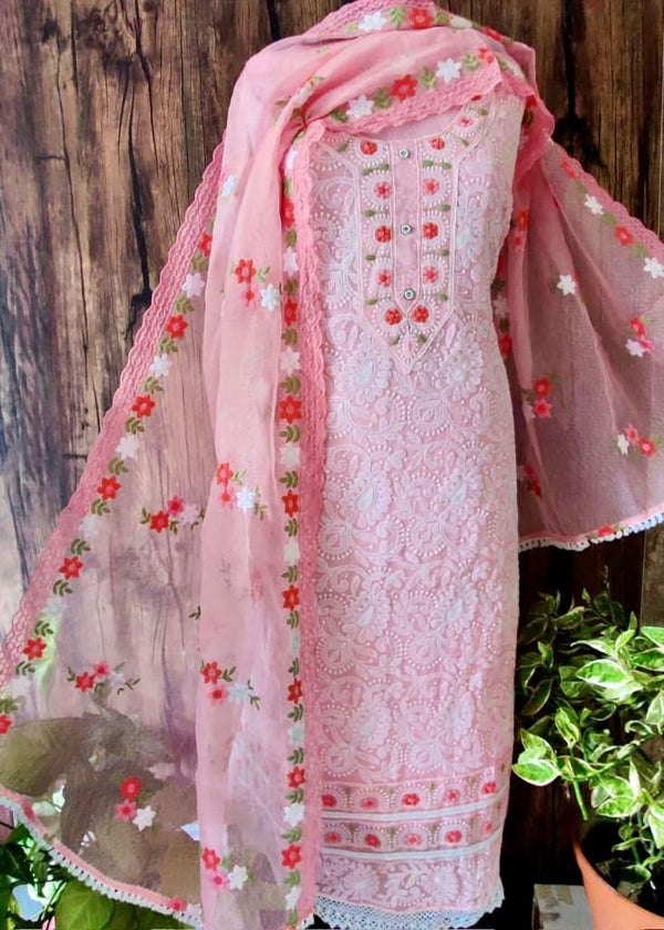 Designer Embroidered Suit Length 3 Piece Pink Kota With Parsi Work