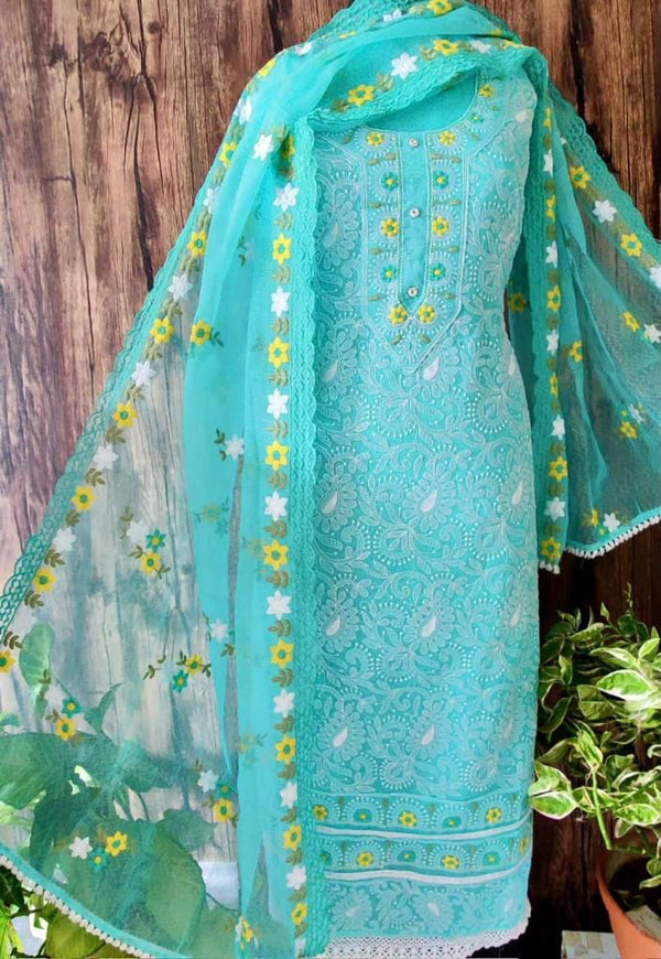 Designer Embroidered Suit Length 3 Piece Sea Green Kota With Parsi Work