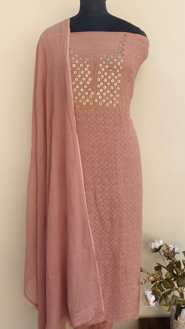Lucknowi Chikankari Suit Length 2 Piece Brown Pure Georgette With Mukaish Work