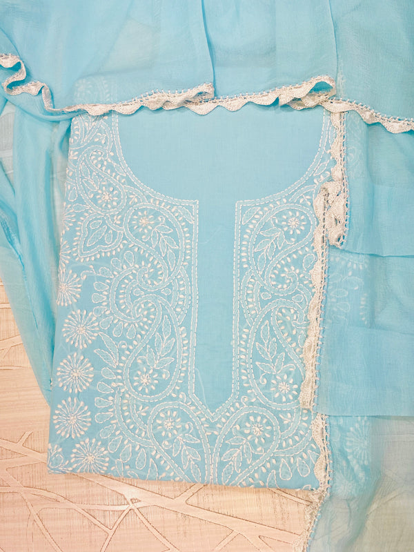 Lucknowi Chikankari Suit Length 3 Piece Blue Cotton
