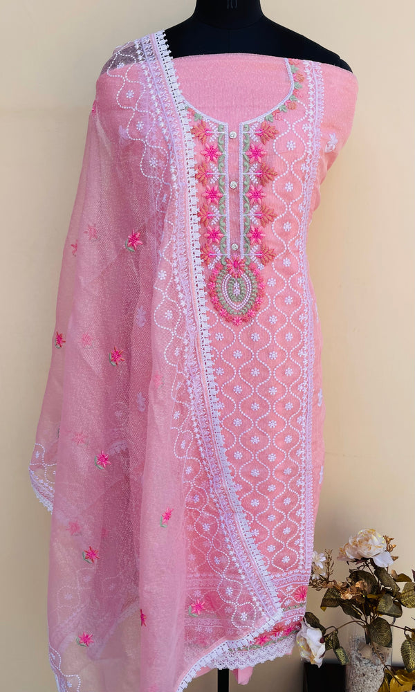 Chikankari Embroidered Suit Length 3 Piece Pink Kota with Parsi Work