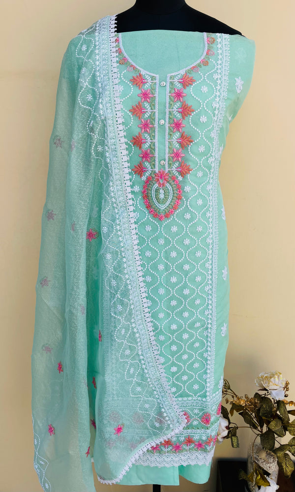 Chikankari Embroidered Suit Length 3 Piece Sea Green Kota with Parsi Work