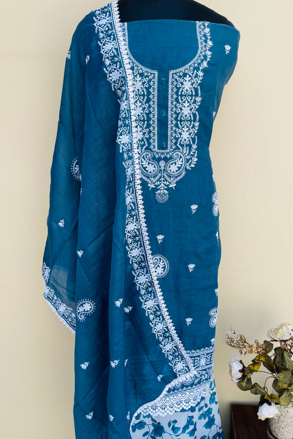 Chikankari Embroidered Suit Length 3 Piece Blue Linen