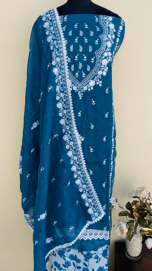 Chikankari Embroidered Suit Length 3 Piece Blue Linen Cotton