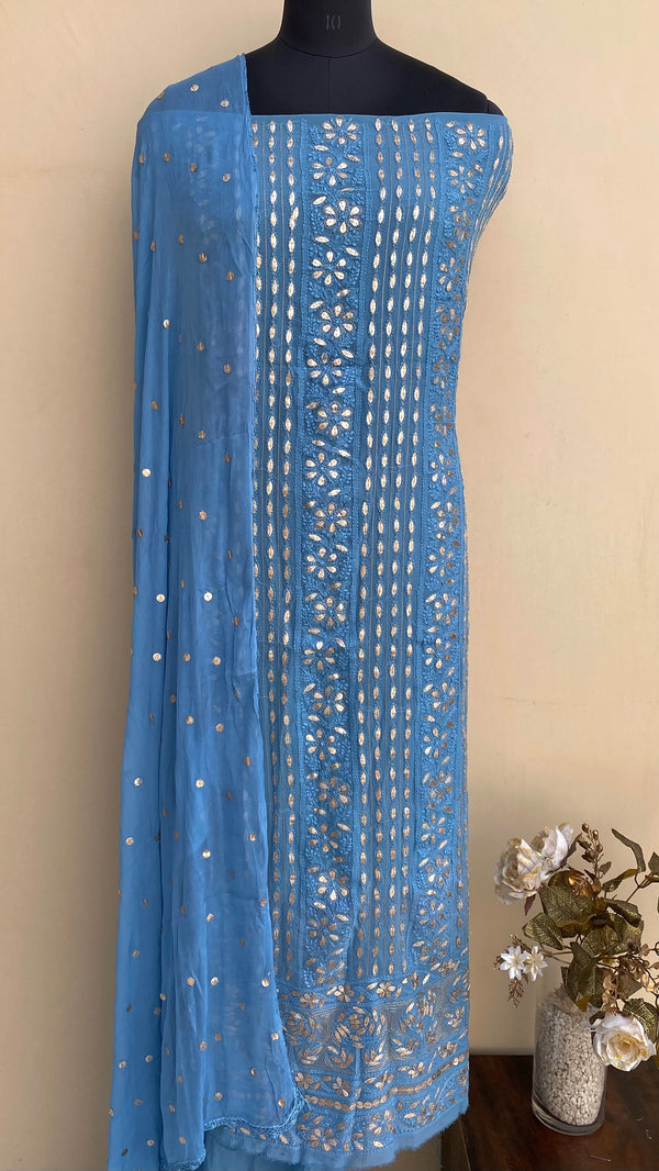 Lucknowi Chikankari Suit Length 2 Piece Blue Pure Georgette With Gotta Patti Work