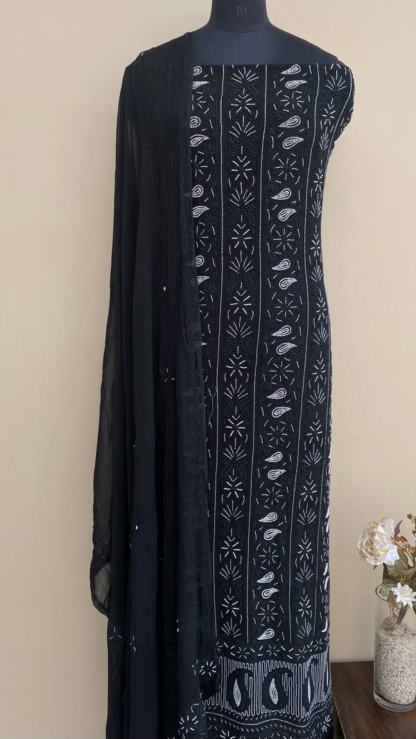 Lucknowi Chikankari Suit Length 2 Piece Black Pure Georgette With Pearl &  Cut Dana Work