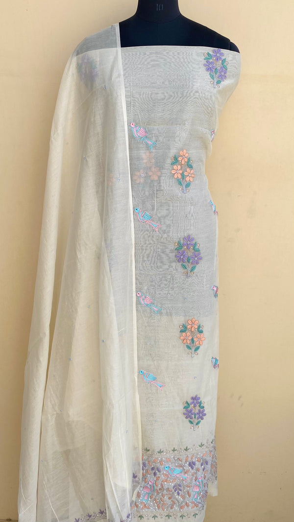 Lucknowi Chikankari Suit Length 2 Piece Off White Pure Organza With Parsi, Cutdana & Sequence Work