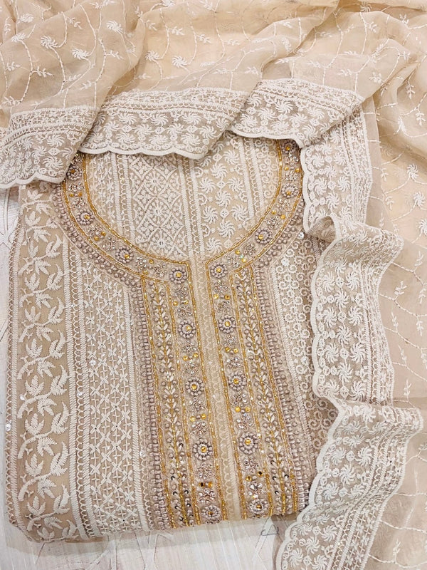Chikankari Embroidered Suit Length 3 Piece Beige Georgette