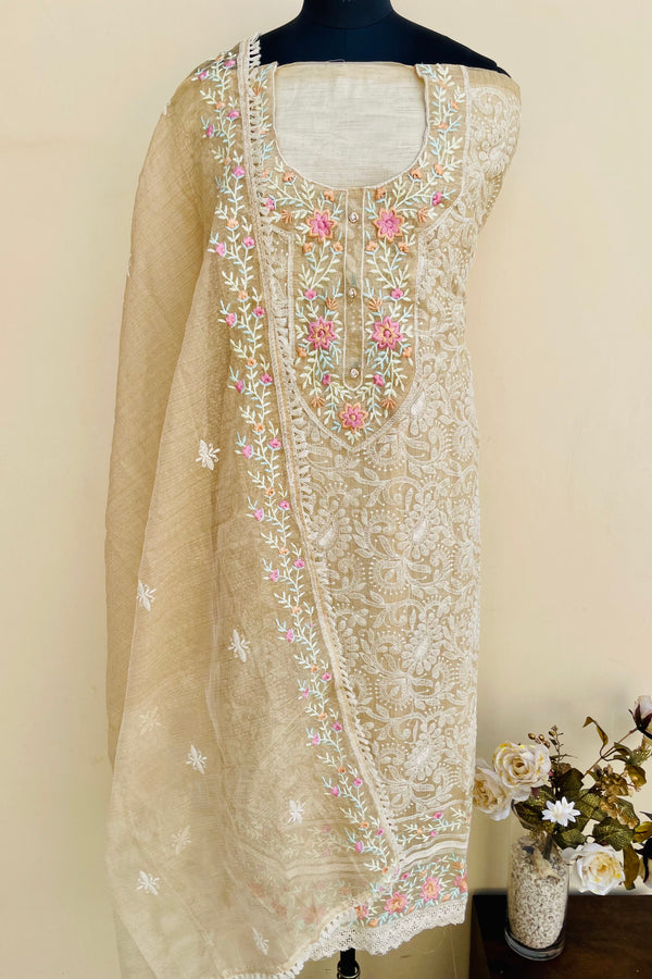 Designer Embroidered Suit Length 3 Piece Beige Kota With Parsi Work