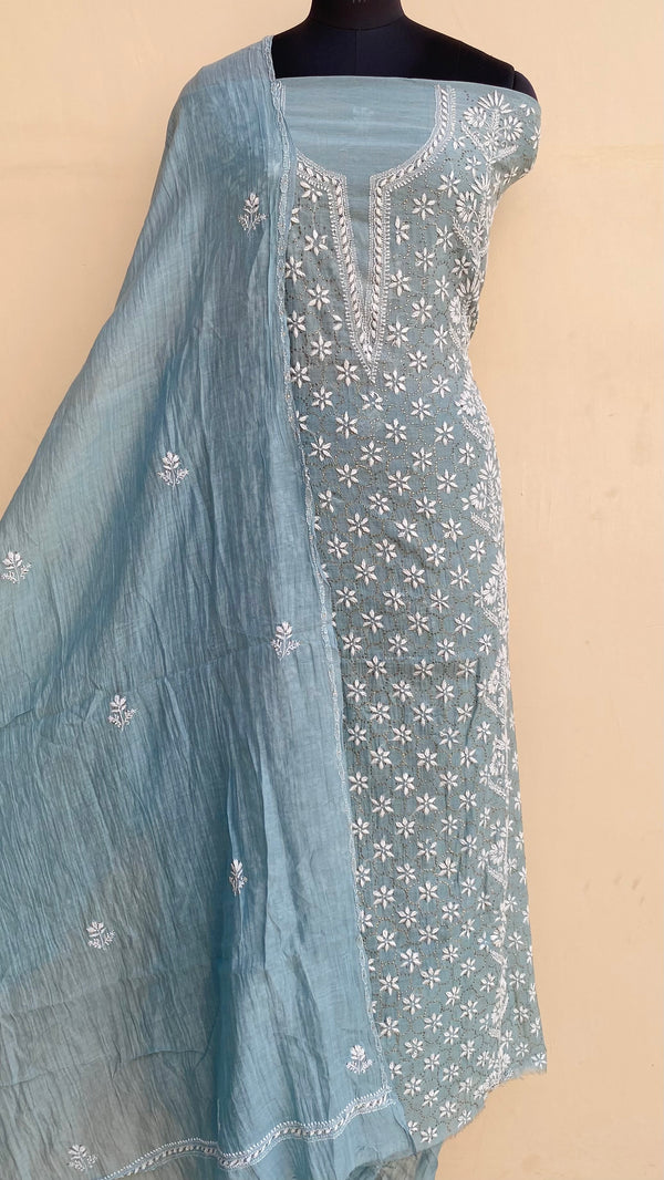 Lucknowi Chikankari Suit Length 2 Piece Aqua Blue Pure Mal Chanderi With Mukaish Work