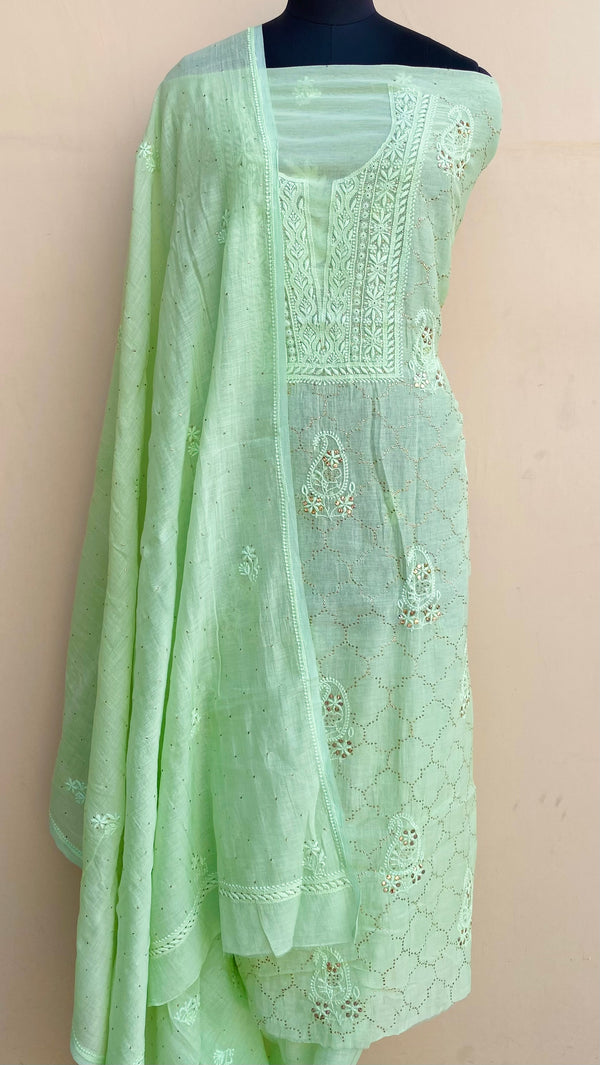 Lucknowi Chikankari Suit Length 2 Piece Pista Green Pure Muslin Cotton With Mukaish Work