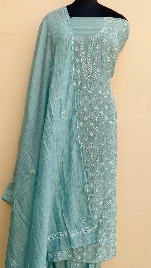 Lucknowi Chikankari Suit Length 2 Piece Teal Green Pure Mal Chanderi With Mukaish Work