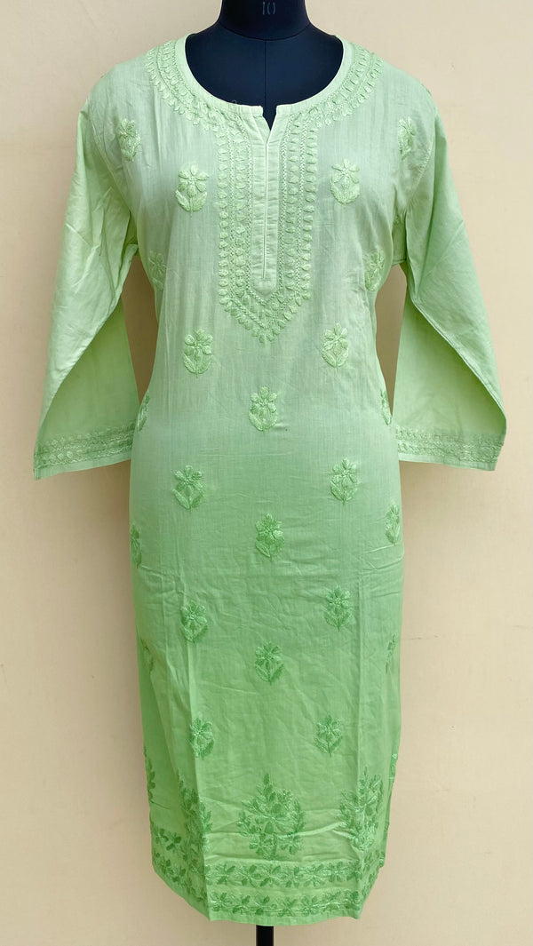 Lucknowi Chikankari Ombre Kurti Green Mulmul Cotton With Self 3D Work