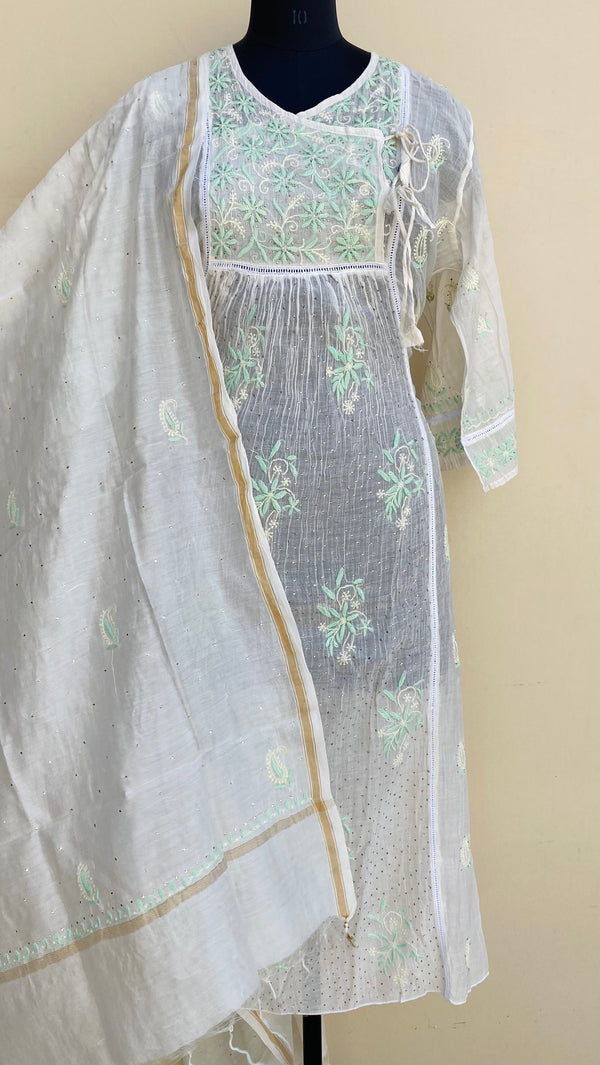 Lucknowi Chikankari Semi Stitched Angrakha Suit Length 2 Piece Off White Pure Mal Chanderi With Mukaish Work