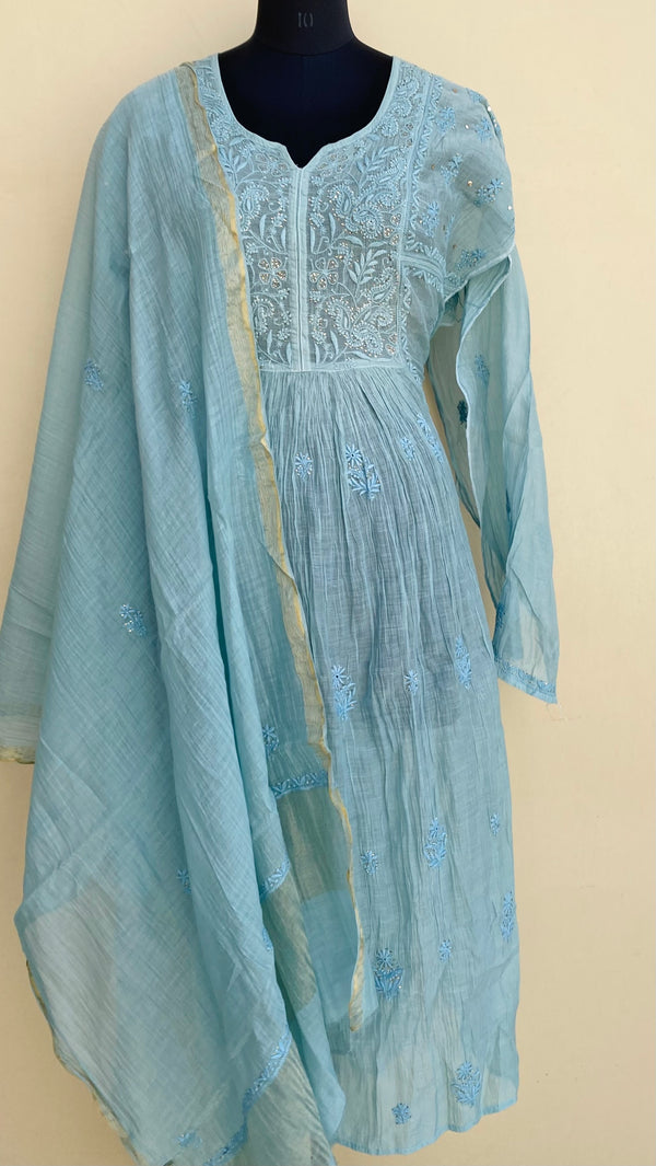 Lucknowi Chikankari Semi Stitched Angrakha Suit Length 2 Piece Teal Green Pure Mal Chanderi With Mukaish Work