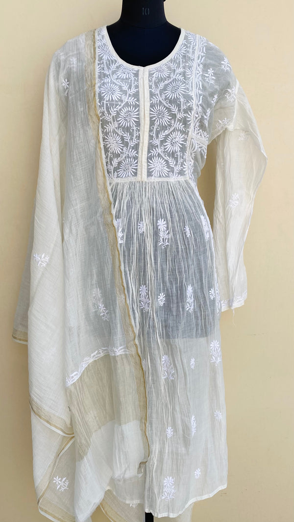 Lucknowi Chikankari Semi Stitched Angrakha Suit Length 2 Piece Off White Pure Mal Chanderi