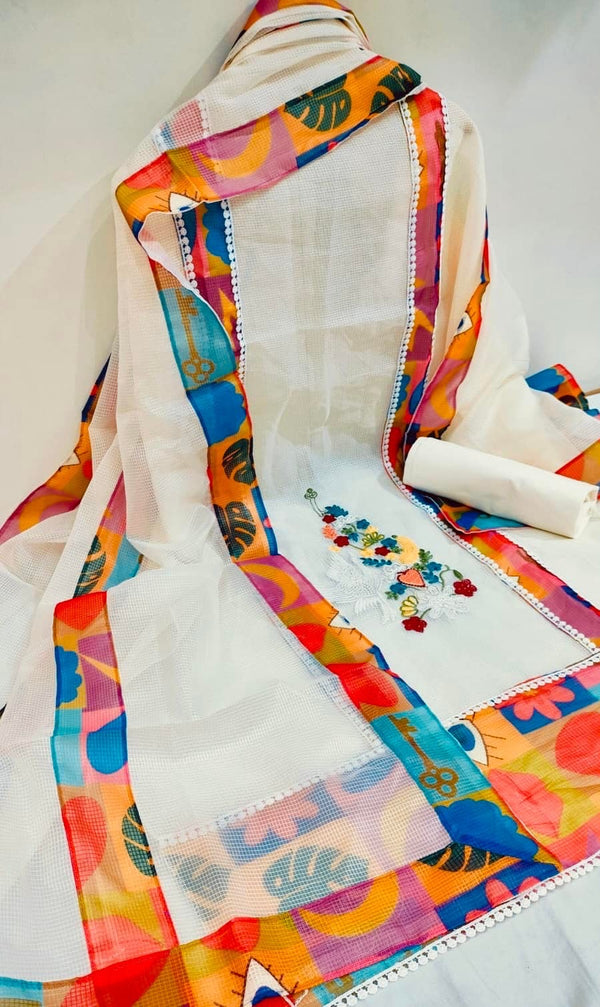 Designer Embroidered Suit Length 3 Piece Off White Kota