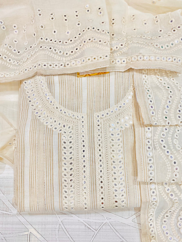 Designer Embroidered Suit Length 3 Piece Cream Cotton
