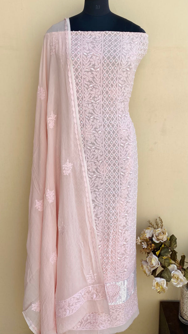 Lucknowi Chikankari Suit Length 2 Piece Pink Pure Georgette With Pearl, Sequence & Cutdana Work