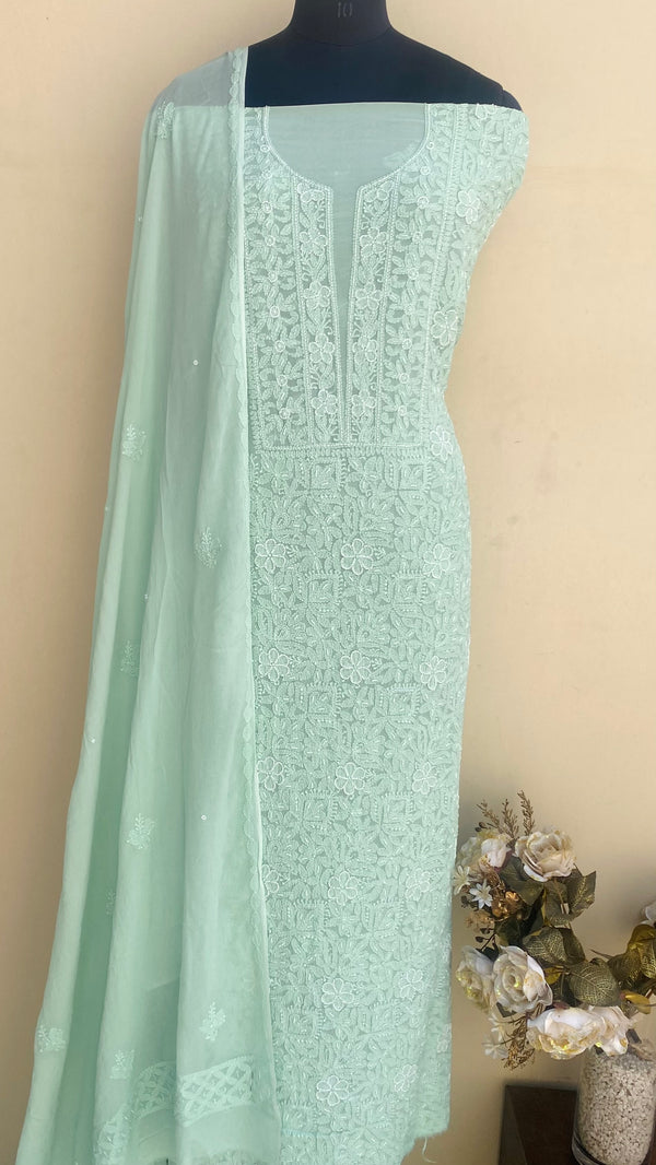 Lucknowi Chikankari Suit Length 2 Piece Sea Green Pure Georgette With Pearl & Cutdana Work