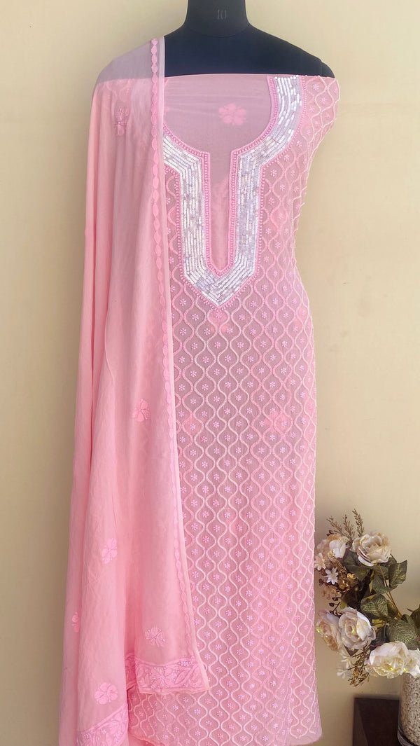 Lucknowi Chikankari Suit Length 2 Piece Pink Pure Georgette With Cutdana , Pearl & Sequence Work