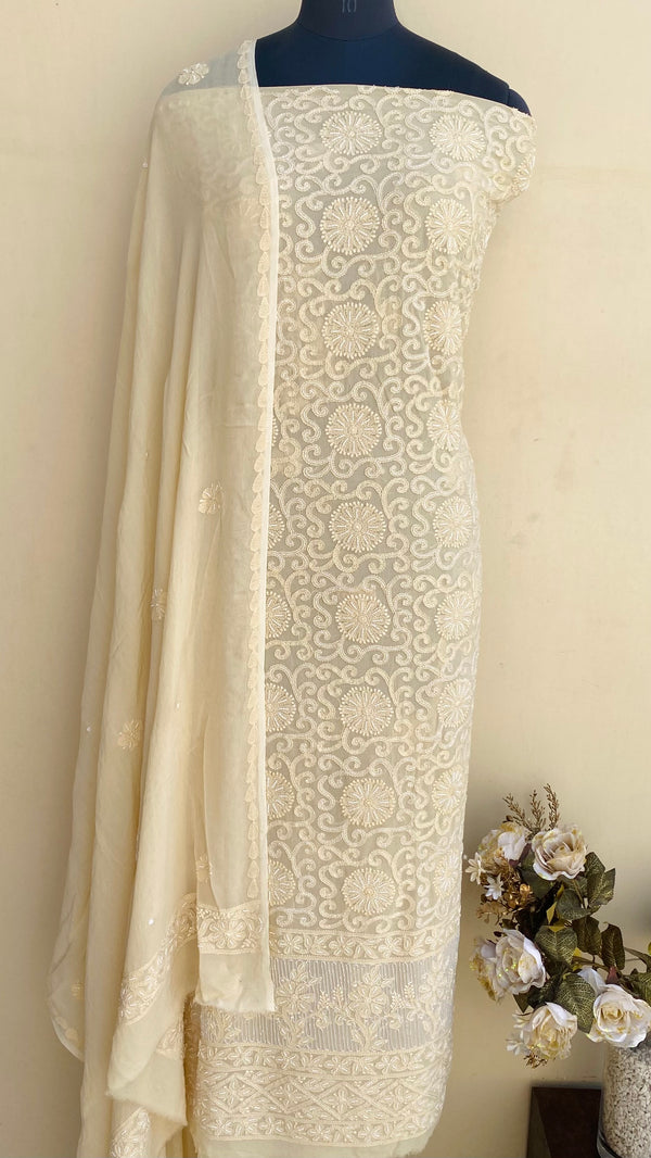 Lucknowi Chikankari Suit Length 2 Piece Beige Pure Georgette With Pearl & Cutdana Work