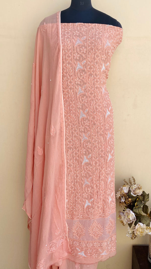 Lucknowi Chikankari Suit Length 2 Piece Peach Pure Georgette With Cutdana & Pearl Work