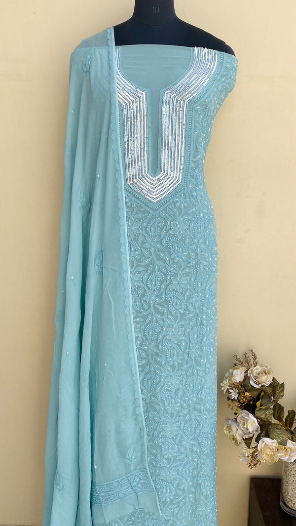 Lucknowi Chikankari Suit Length 2 Piece Teal Green Pure Georgette With Pearl , Sequence & Cutdana Work