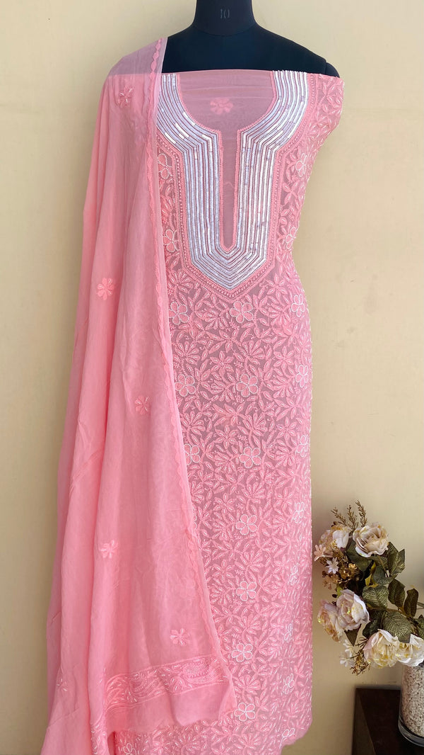 Lucknowi Chikankari Suit Length 2 Piece Pink Pure Georgette With Pearl & Sequence Work