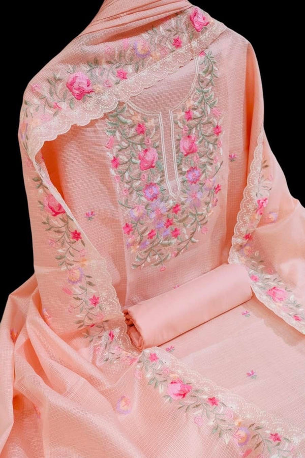 Designer Embroidered Suit Length 3 Piece Peach Kota with Parsi Work