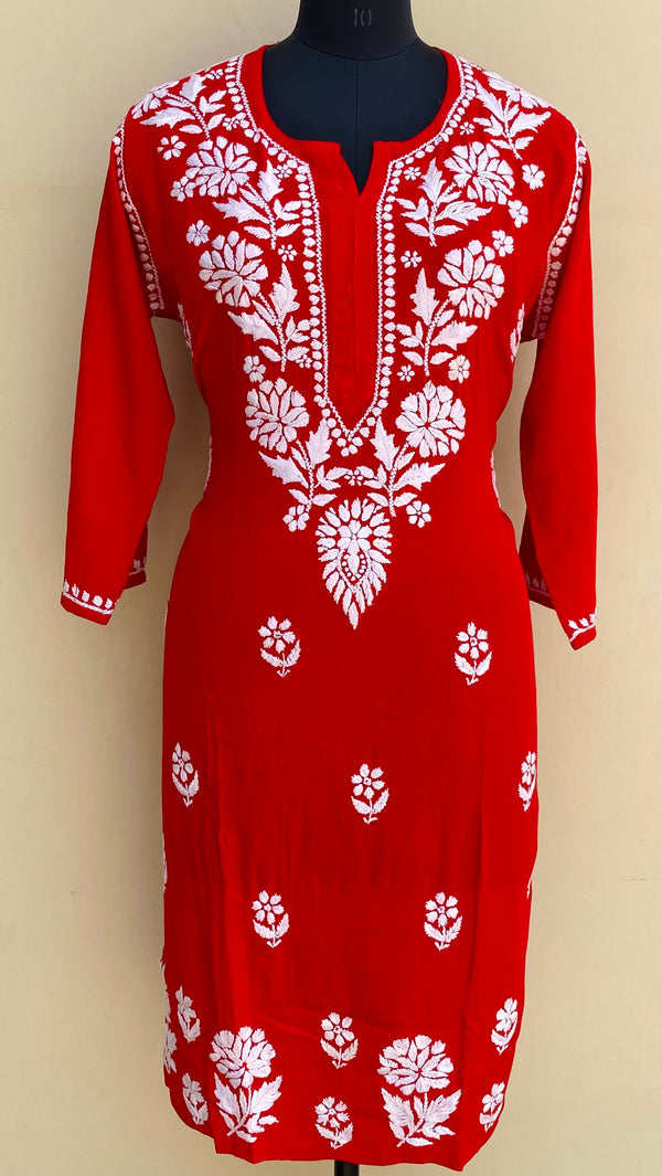 Lucknowi Chikankari Kurti Red Modal Cotton