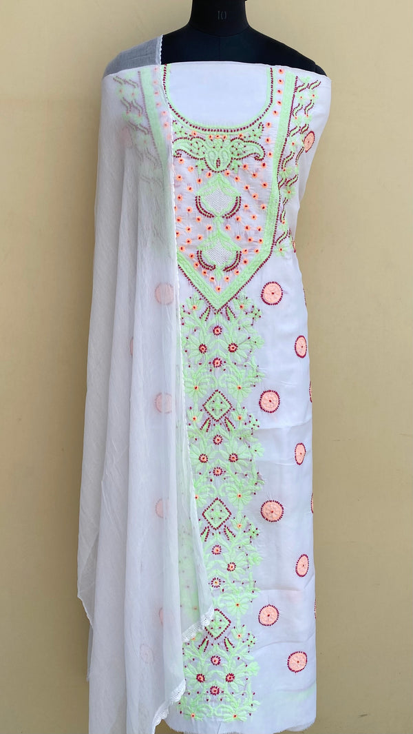 Lucknowi Chikankari Suit Length 3 Piece White Cotton With Jaali Work