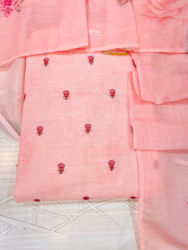 Designer Embroidered Suit Length 3 Piece Pink Linen Cotton