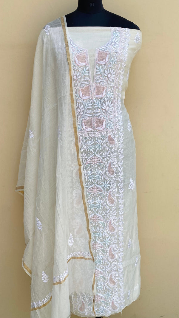 Lucknowi Chikankari Suit Length 2 Piece Off White Pure Mal Chanderi With Cutdana & Sequence Work