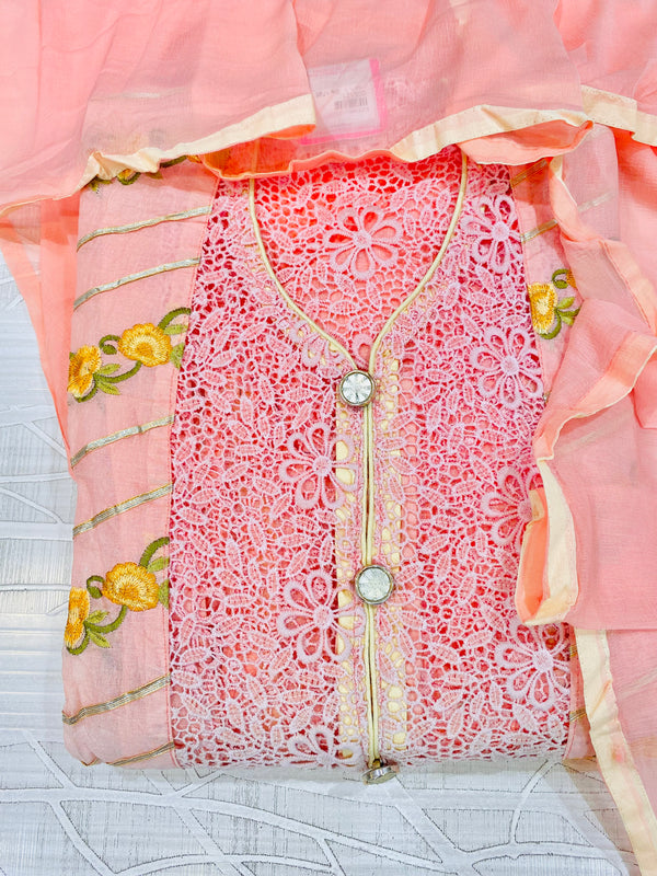 Designer Embroidered Suit Length 3 Piece Peach Organza