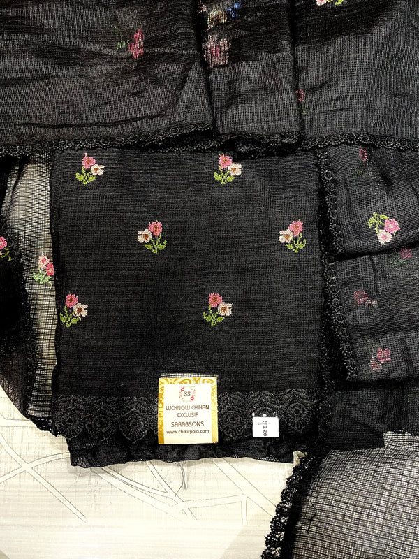 Designer Embroidered Suit Length 3 Piece Black Kota Cotton